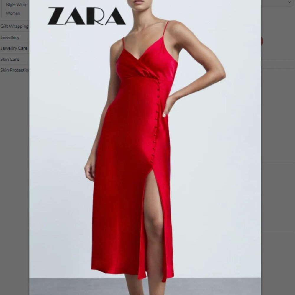 Zara Red Satin Midi Dress with Side Slit